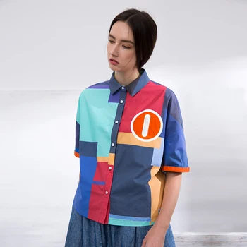 

new arrival summer 2018 original geometric print casual oversize short cotton shirt women top