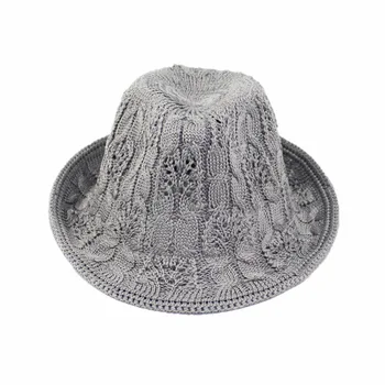 

Knitting Wide Brim Pure Felt Bowler Hat Cutout Jazz Hat For Women Girls Summer Sun Female Casual Cotton Knitted Bowler Caps