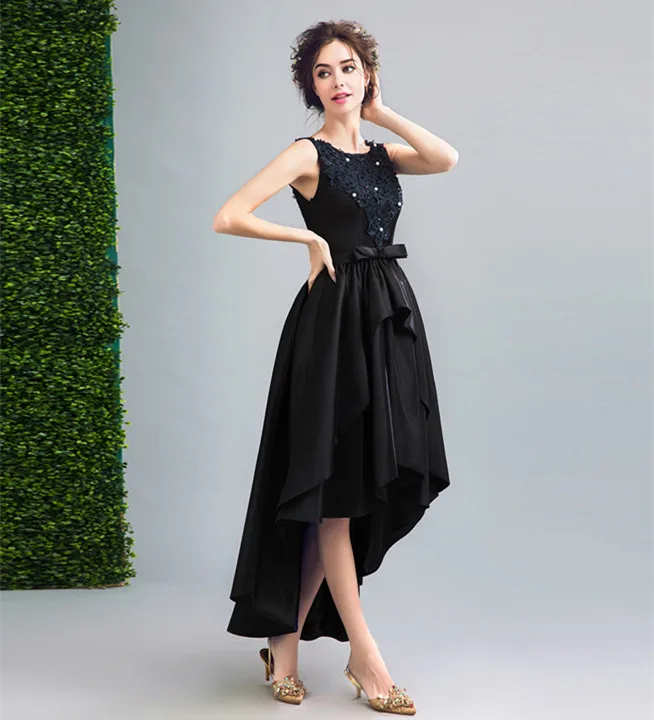 JaneVini высокая низкая черная Мать невесты платья большой размер, сатиновый кружево с аппликацией и бисером вечерние платья с открытой спиной для женщин - Цвет: Черный