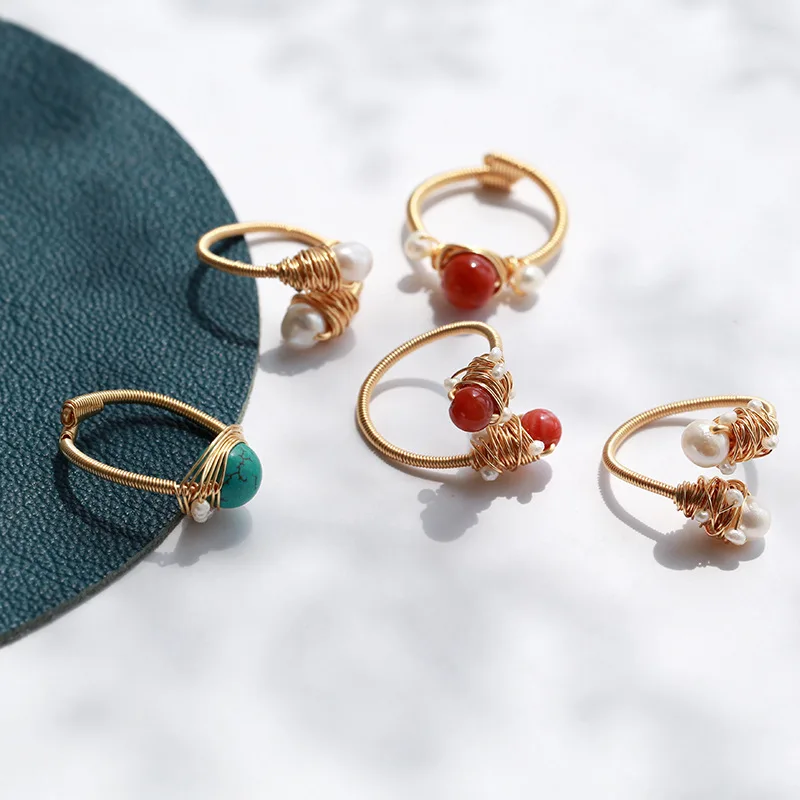 

2019 New Fashion Customize gold color winding natural stone elegant pearl opening finger rings for women wedding engagement