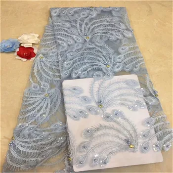 

african lace fabric with beads 450*135CM Sky blue hot sequin fabric high quality tulle stones lace fabric for evening dresses