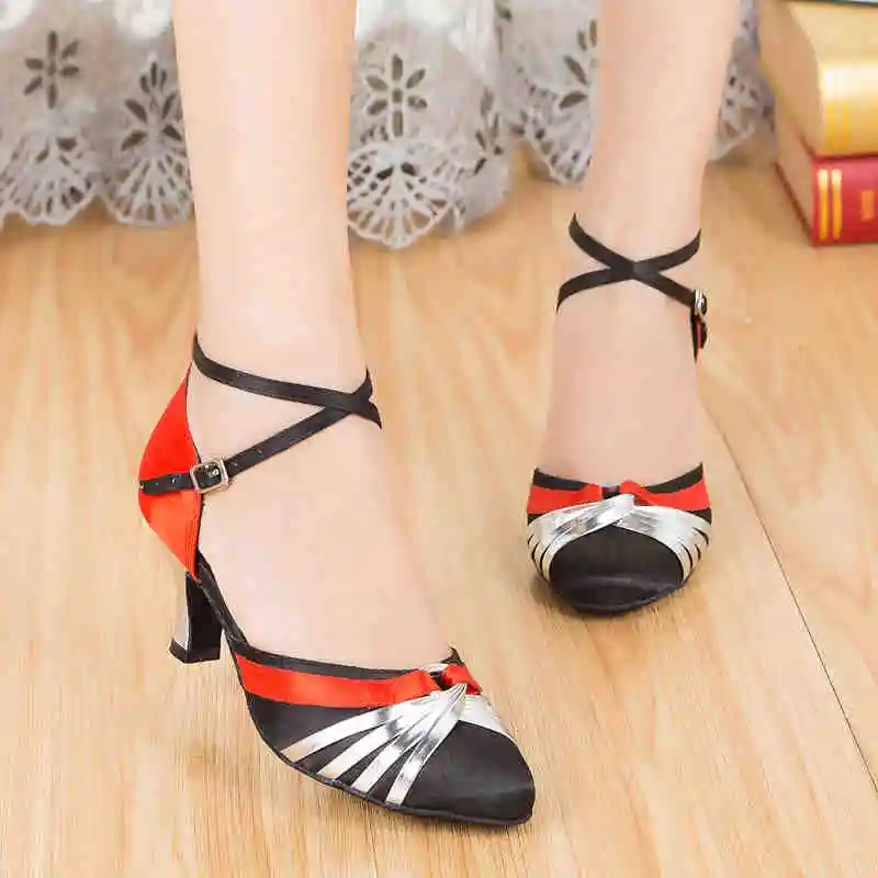 

Free shipping salsa ballroom dancing shoes for women satin black latin dance shoes zapatos de baile latino mujer 6398