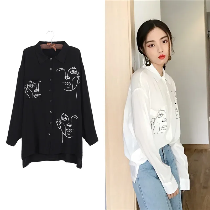 

Face Printed Female Long Blouses Turn-down Collar Long Sleeve Women Shirts Spring Autumn Casual Sexy Blouse Wholesale
