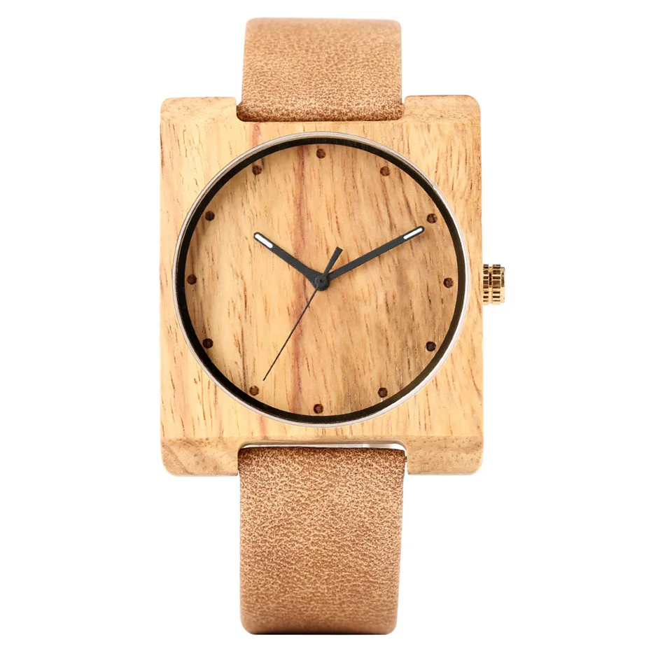 Элегантные уникальные деревянные часы женские квадратные кварцевые 3 цвета натуральная кожа наручные часы простые модные часы подарок женские Новое поступление - Цвет: without Gift Box