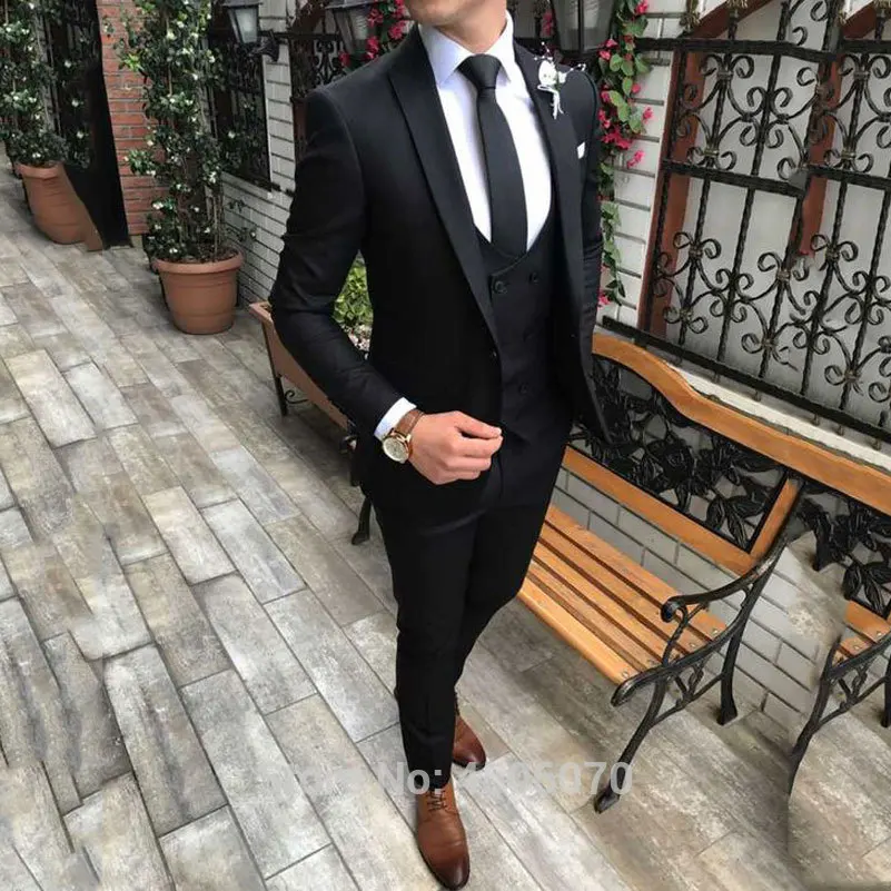 

Black Mens Suits 2019 Slim Fit Wedding Tuxedos Peaked Lapel Groom Wear Bridegroom Suits Groomsman Prom Blazer 3Pcs Costume Homme