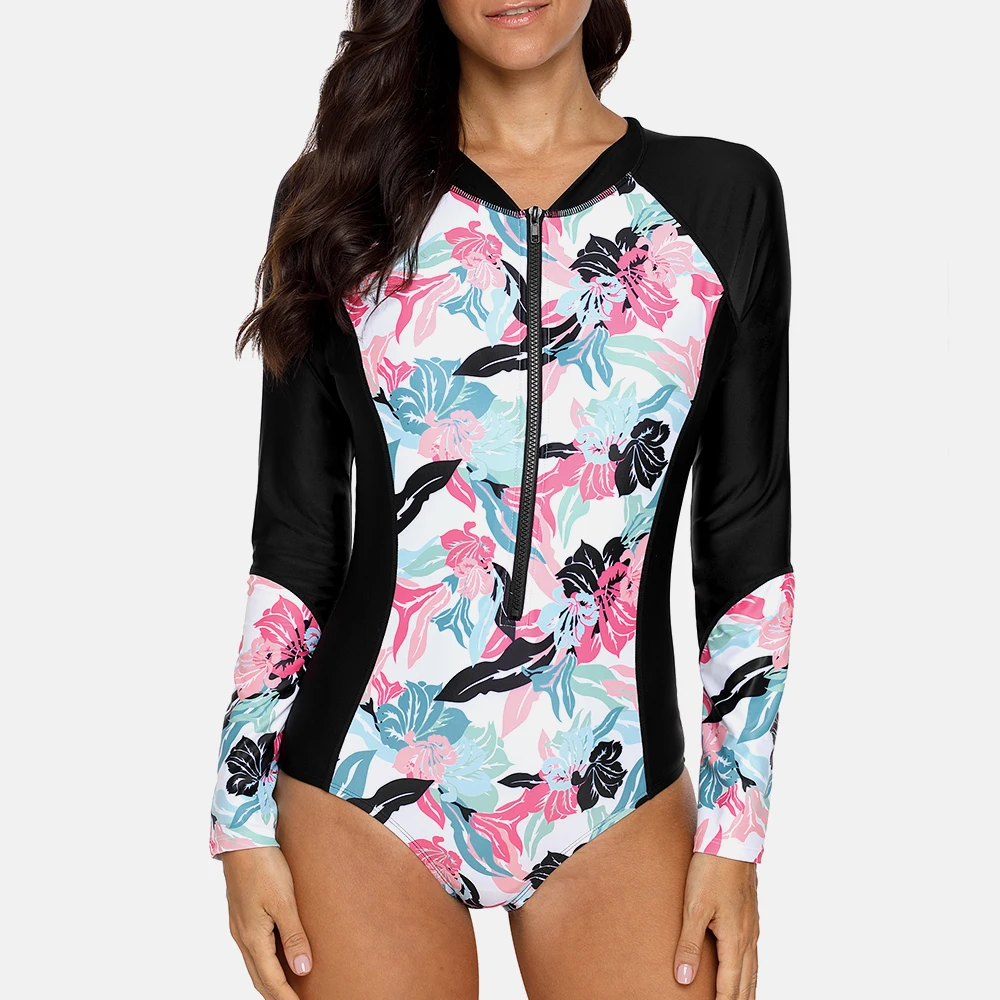 Attraco النساء سحاب أكمام طويلة Rashguard واحدة قطعة ملابس السباحة تصفح أعلى طفح الحرس UPF50 + تشغيل ركوب الدراجات قميص