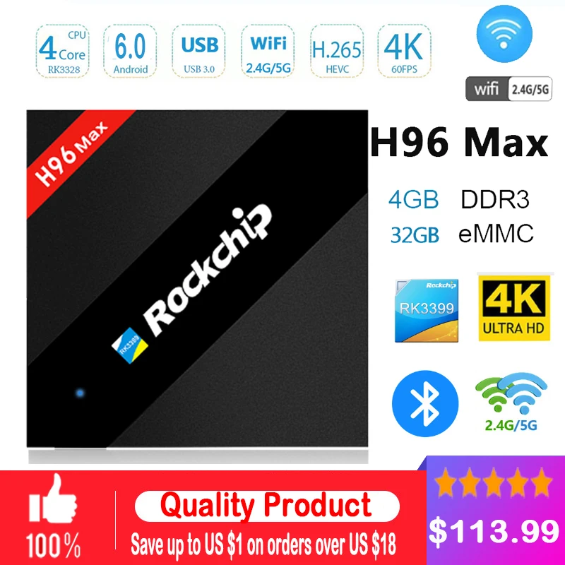 H96 max 4 ГБ/32 ГБ Rockchip RK3399 шесть основных Android ТВ Box 2.4 г/5.8 Г двойной wi-Fi H.265 BT4.0 H.265 4 К * 2 К USB3.0 Тип-C media player