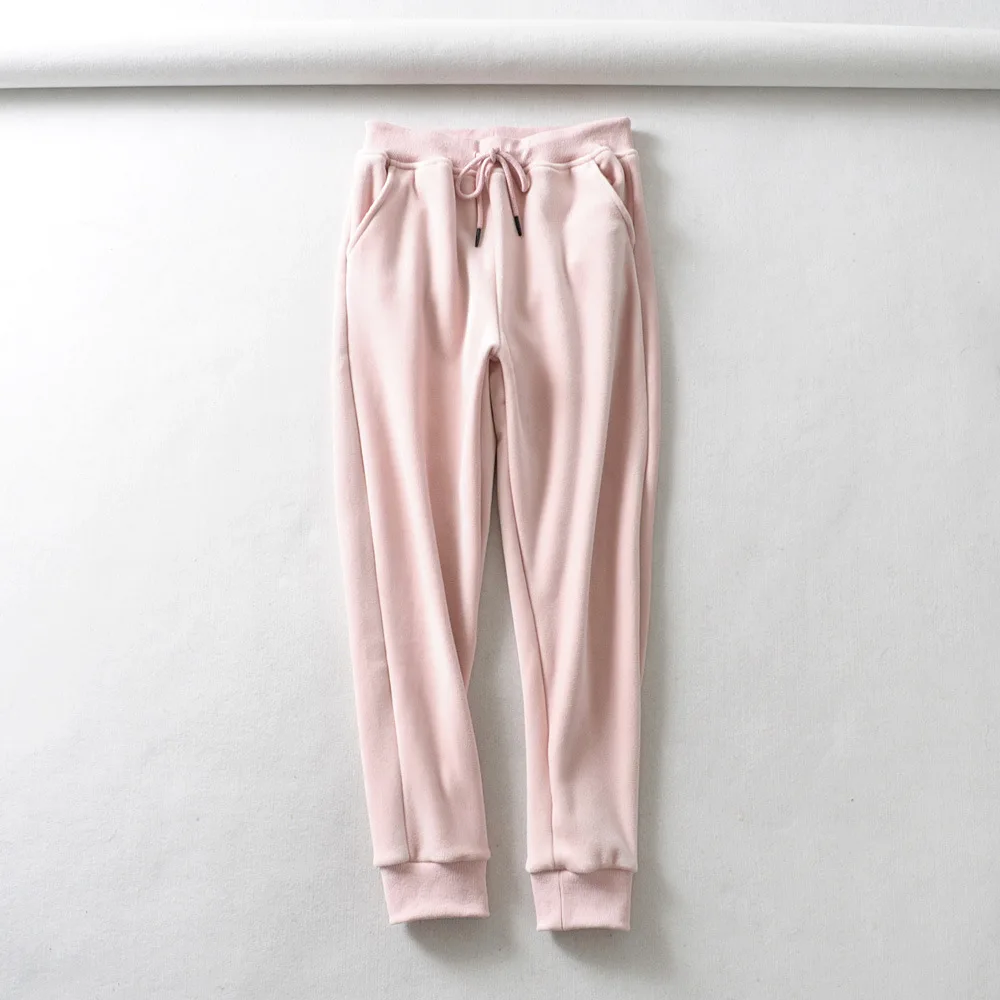 Женские брюки из плотного бархата с боковыми карманами, Свободные повседневные длинные штаны, узкие ребристые брюки, открытые весенние розовые черные