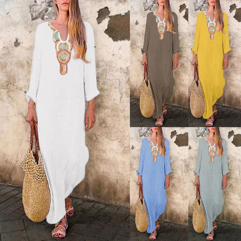 

2019 summer dress for female hot sales Women’s Printed Long Sleeve U-neck Maxi Dress Split Hem Baggy Kaftan Long Dress S-3XL