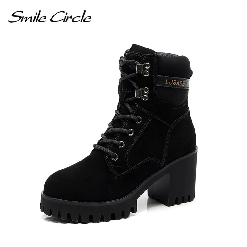Smile Circle big size 33-43 Suede Leather Chunky Boots Women High Heel Shoes Autumn Winter Lace-up Lady Shoes platform boots