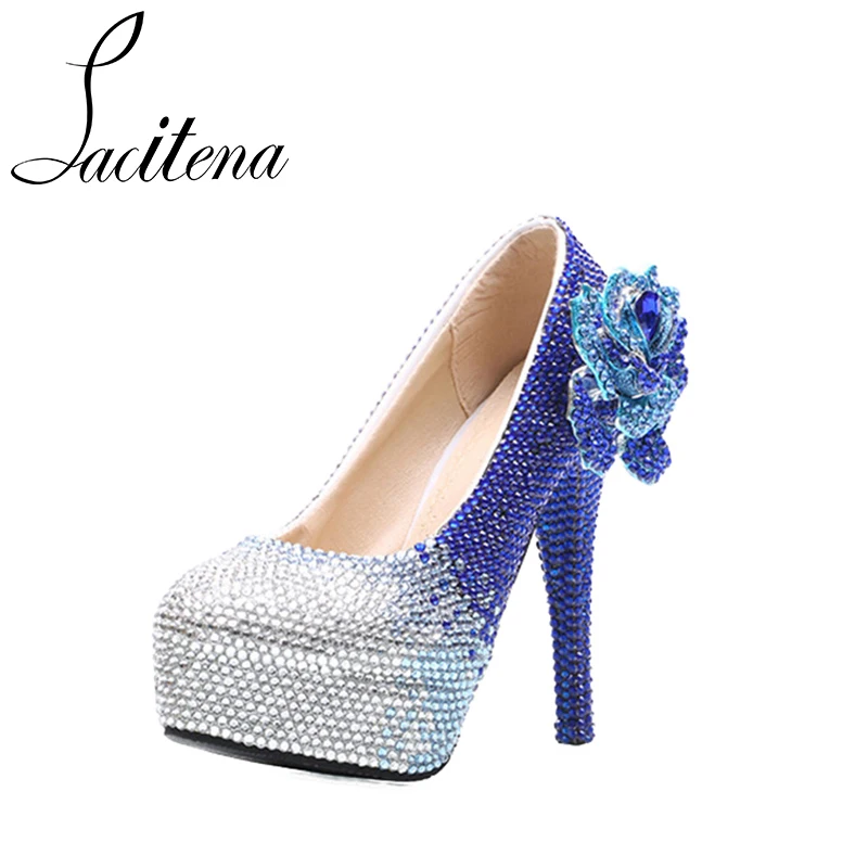 

Crystal Color Diamond Sapphire Flower Shoes Silver Blue Gradient Bridal Wedding Shoes