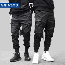 Hip Hop Black Pencil Pants Men Cargo Pants Streetwear Men Pockets Harem Joggers 2019 Spring Fashion Mens Pant Ribbon HD070