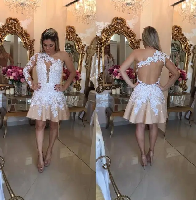 

Champagne 2019 Homecoming Dresses A-line One-shoulder Short Mini See Through Pearls Lace Elegant Cocktail Dresses