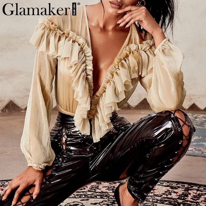 Glamaker Ruffle chiffon mesh long sleeve bodysuit Women transparent  v neck bodysuit Sexy autumn winter bodycon female bodysuit