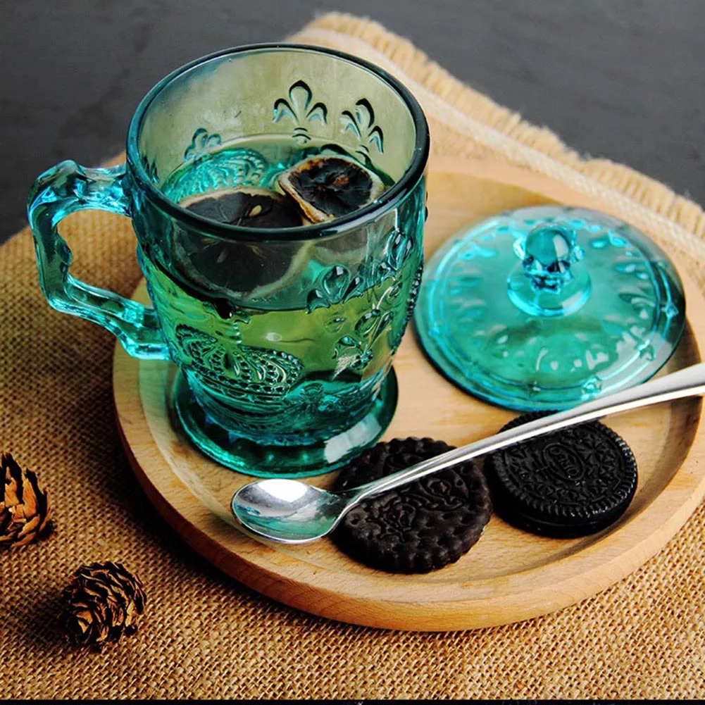 Тисненая модная стеклянная чашка с ремешком, стеклянная крышка для домашнего использования, не содержит свинец, Хрустальный цветок, чайная чашка с короной, тисненая стеклянная крышка, кружка, чашка - Цвет: Синий