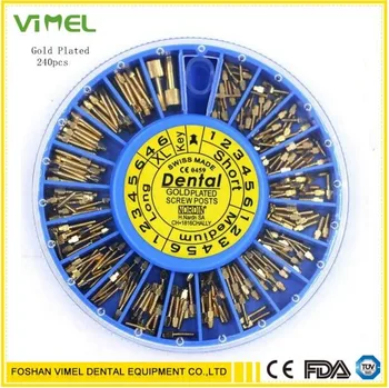 

240 pieces 24K Dentist Conical Screw Posts Kits Conical Nordin Dental Material Gold Plated Tapered Refills Files With 2 Key