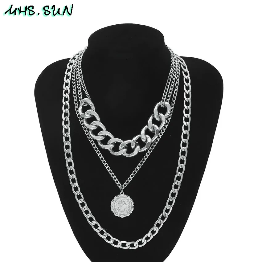 MHS. SUN увеличенное металлическое женское многослойное ожерелье, модное Европейское Стильное ожерелье-цепочка, Серебряное/золотое винтажное ювелирное изделие, аксессуары - Окраска металла: Silver