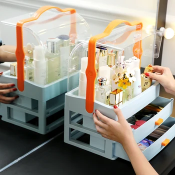 

M New arrivals plastic makeup storage organizer PP cosmetics makeup bathroom box with handle large makeup drawer storage C5221