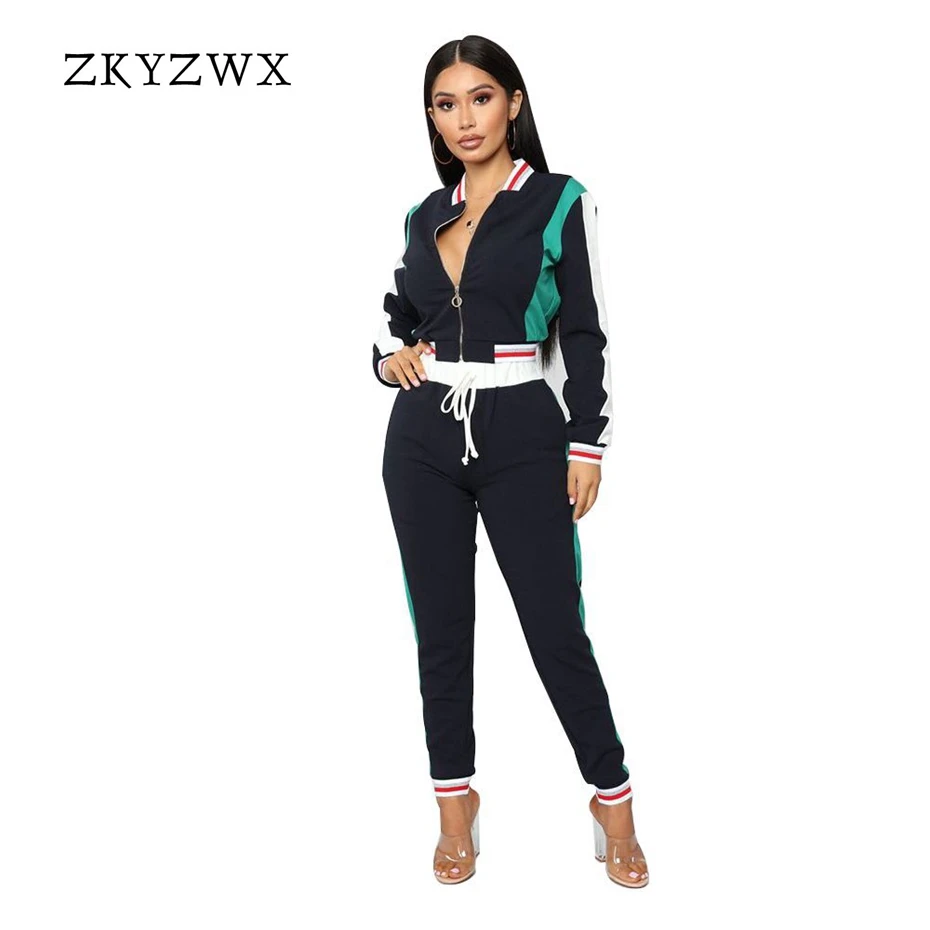 

ZKYZWX Sexy Two Piece Sets Autumn New Long Sleeve Turn-Down Collar Zipper Top+Pant Suits Casual 2 Piece Matching Tracksuit Women