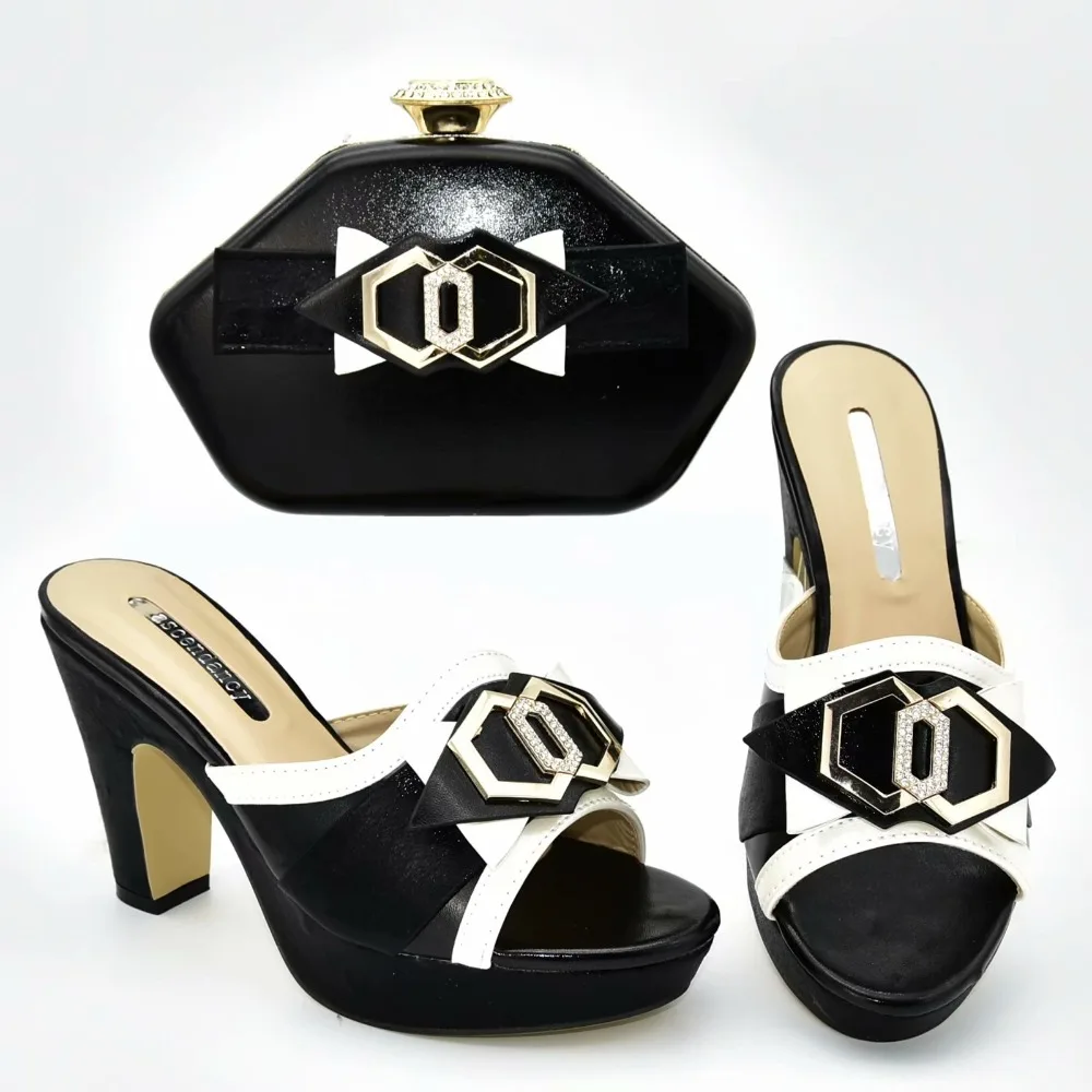 

2019 lady slippers shoes and clutches bag in black for african aso ebi party with 4.3 inches heel very nice shoes bags SB8381-2