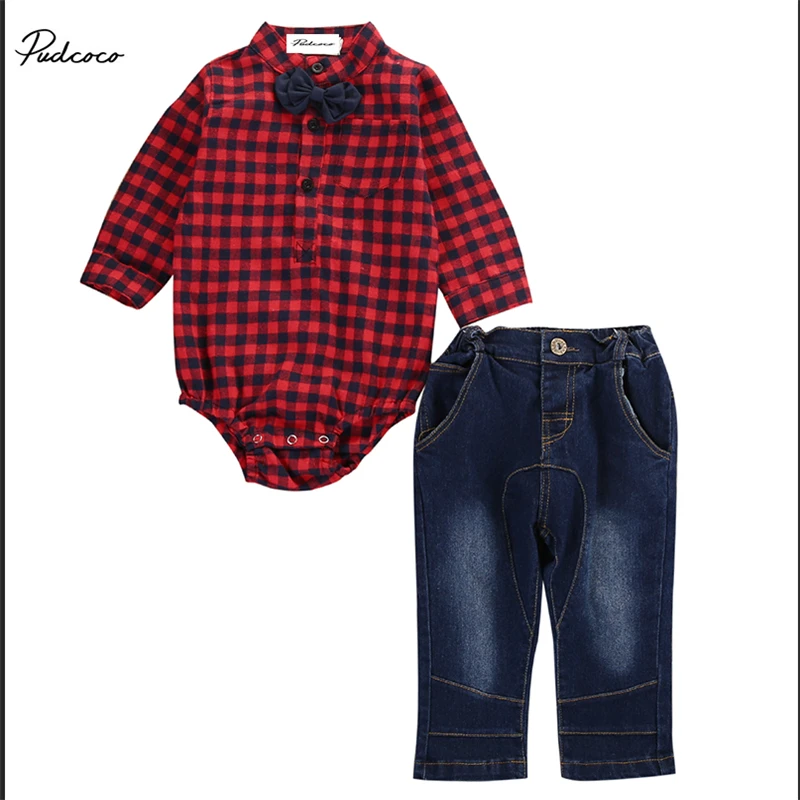 

2PCS Set New Kids Baby Boy Plaid Romper Jumpsuit Tops+Jeans Pants Gentleman Outfits Children Clothes Set