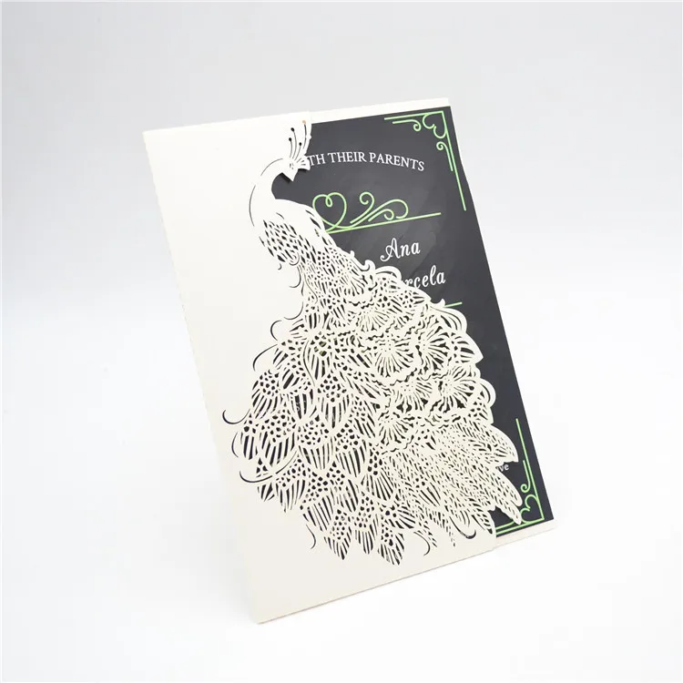 

Graceful beige laser cut peacock wedding invitation card pocket
