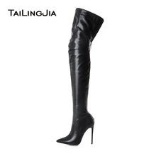 Женские черные сапоги выше колена на высоком каблуке с острым носком; женские высокие сапоги до бедра на шпильке; ; большие размеры