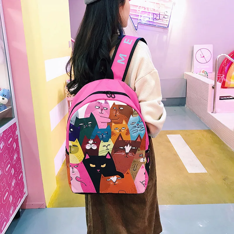 Menghuo Lovely Cat Printing Backpack Women Canvas Backpack School Bags for Teenagers Ladies Casual Cute Rucksack Bookbags (38)