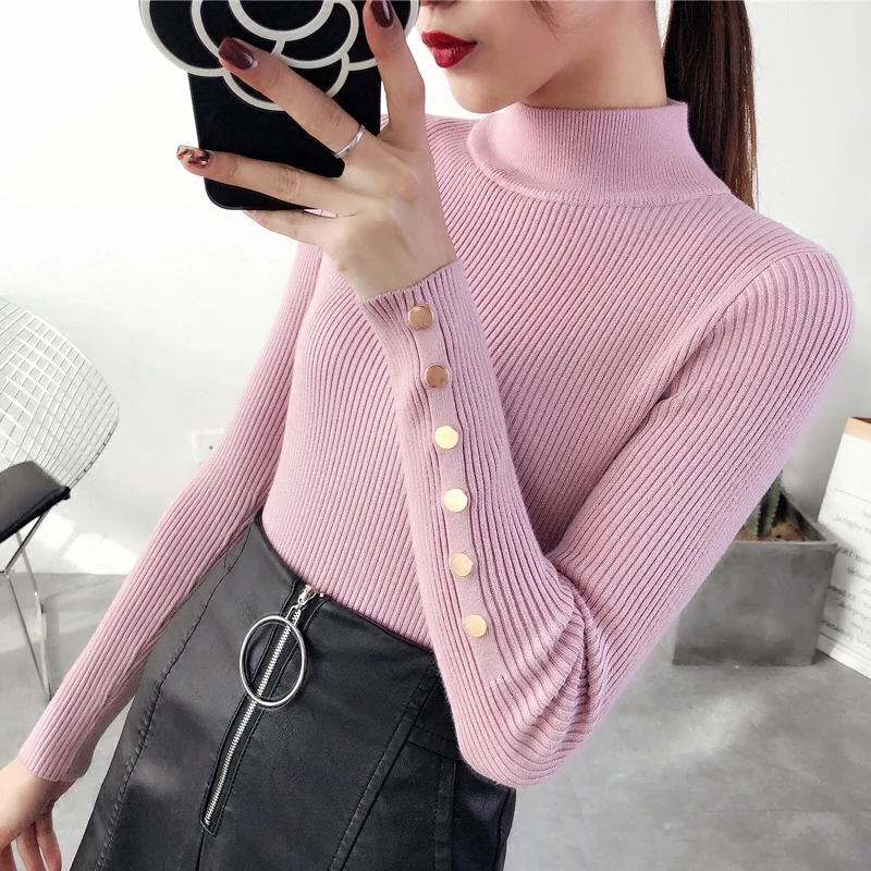 OHCLOTHING 2018 New Fashion half Korean Spring button Sleeve sweater Lady Female Tops Women knitted Fashion Turtleneck Pullover