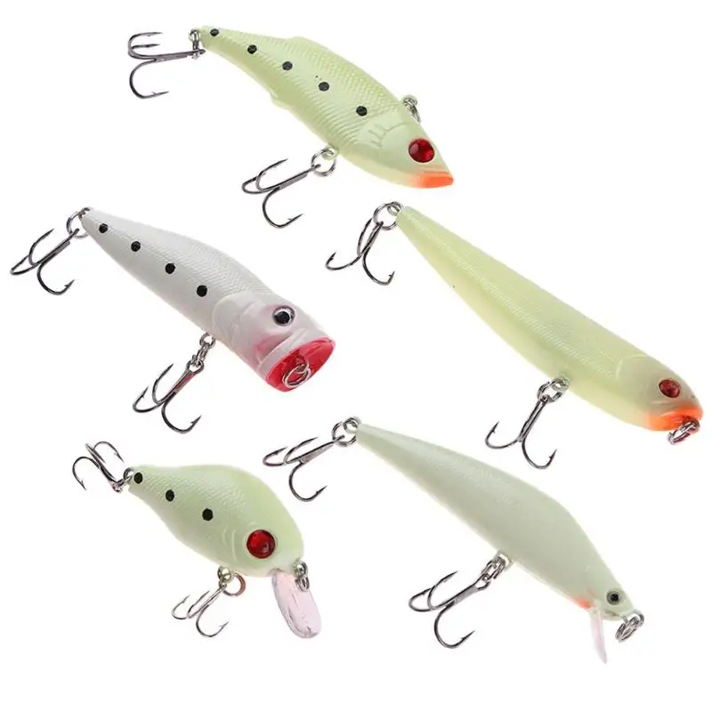 

5pcs/set Hard Minnow Fishing Lures Plastic+High Carbon Steel Luminous Artificial Baits with5 Connectors Fishing Accessories