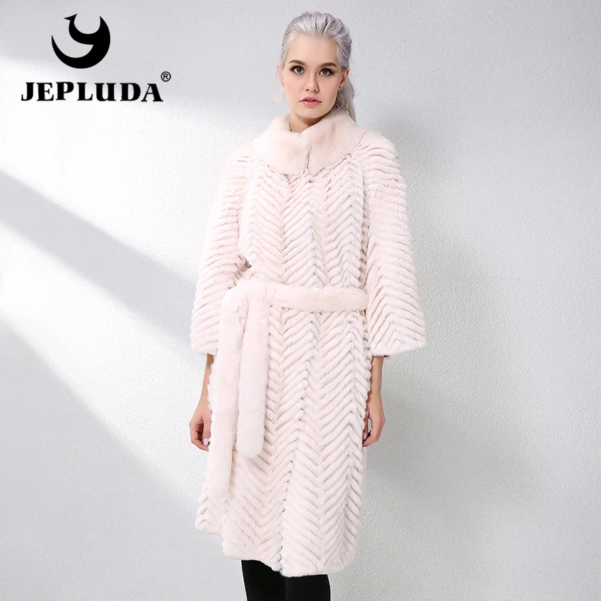 JEPLUDA Long Rex Rabbit Fur Coat With Knitted Lining Wool Natural Real Fur Coat Autumn-Winter Genuine Leather Jacket Women Parka