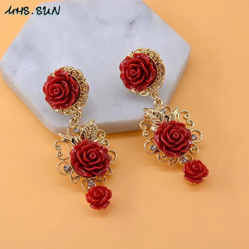

MHS.SUN Baroque court style women long drop earrings vintage red flower dangle earrings exaggerated jewerly for show party