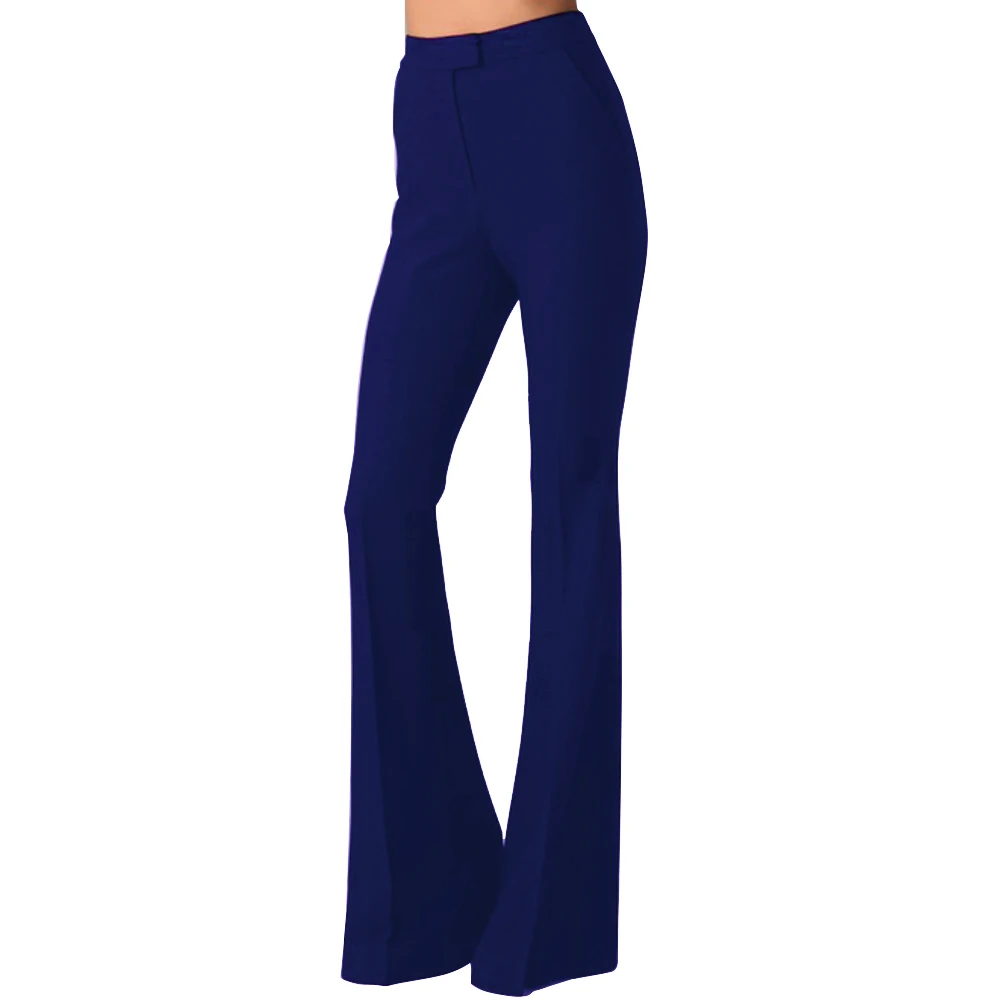 

New Women Slim Office Pants High Waist Flare Pants Long Pants Solid Blue Color Linen Blends Summer Thin Trousers Bottoms