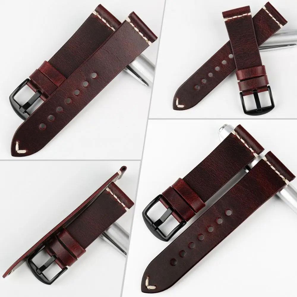 MAIKES Luxury Leather Watch Band with Steel Buckle - Retro Red Grain, 6 Color Options