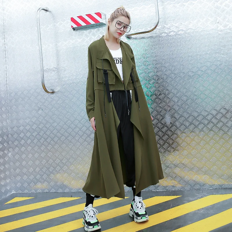 

Johnature 2019 New Solid Color Plus Size Trench Spring Coat Women Turn-down Collar Irregular Tie Streetwear Loose Coat 2 Colors