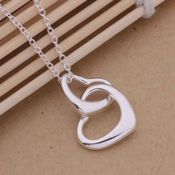 

Romantic Silver Jewelry Double Heart Necklace Loving Gift For Women AN235