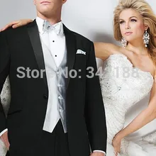 Новинка, стильные смокинги для жениха, черные лучшие мужские атласные лацкан друг жениха, мужские свадебные костюмы жениха(пиджак+ брюки+ галстук+ жилет