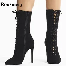 Новые модные женские туфли острый носок черная замша кожаные босоножки Гладиатор Сапоги Вырез супер ботильоны на высоком каблуке