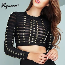 Bqueen Новинка женское сексуальное короткое пальто куртка ручная вышивка бисером сетка женский короткий топ бандаж длинный рукав черный