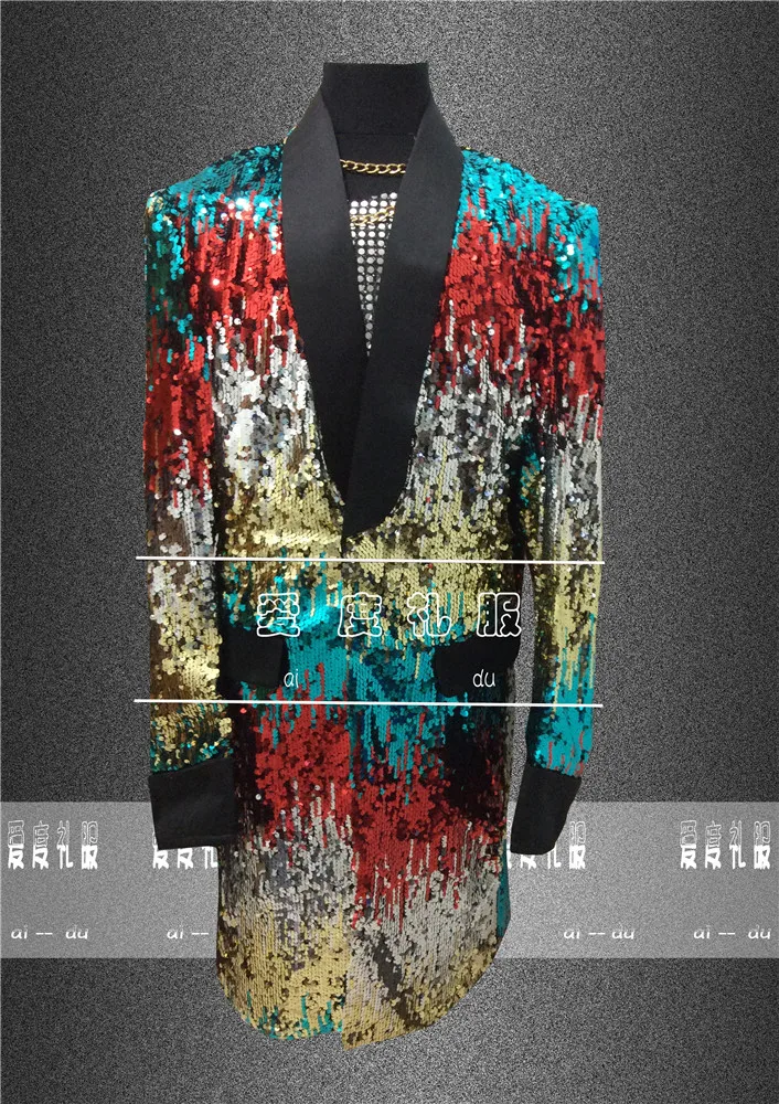 

mens bling colorful full sequined beading event long jacket /dance/jazz/trendy stage performance jacket