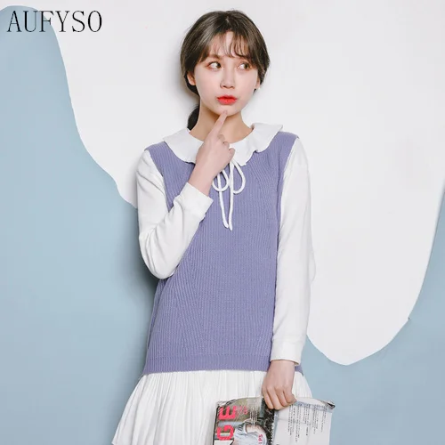 Podzimní zimní korejský styl ležérní kulatý výstřih svetr vesta pletený svetr jednobarevný svetr mujer T112