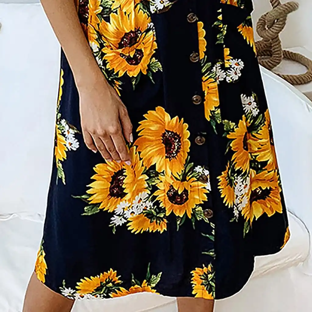 XingYue Direct Women Sunflower Button Down V-Neck Dress Summer Beach Floral Casual Dress