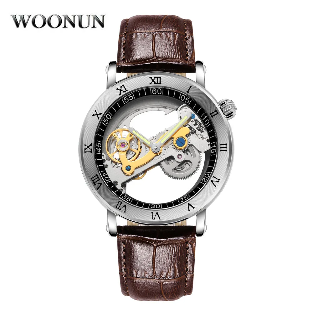 luxury mechanical watch cheap Luxury Brand WOONUN Leather Strap Transparent Dial Golden Case Mens Watches Automatic Mechanical Orologio Men mechanical watch movement