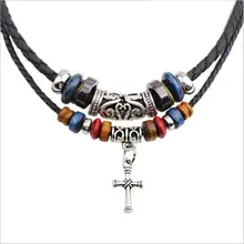 2016 New Religion cross necklace beaded necklace double root braided leather cord necklace jewelry punk Collier for men Women