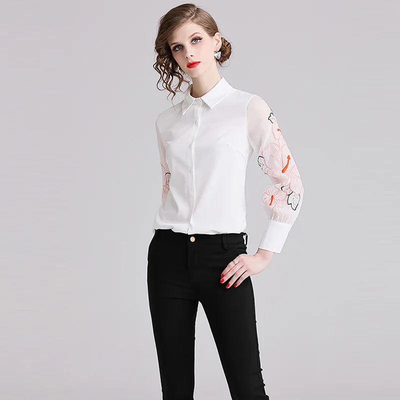 2019 Spring New Fashion Women Blouse Office Ladies Casual Chiffon White Floral Embroidery Turn-down Collar Long Sleeves Blouse 2019 Spring New Fashion Women Blouse Office Ladies Casual Chiffon White Floral Embroidery Turn-down Collar Long Sleeves Blouse