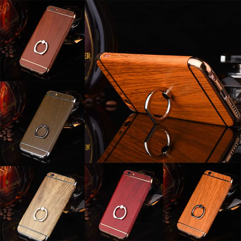 New Luxury Smooth Plating Wood Vein Style Back Cellphone Shell Stand Case Cover with Finger Ring Holder for iPhone 6 6S Plus |
