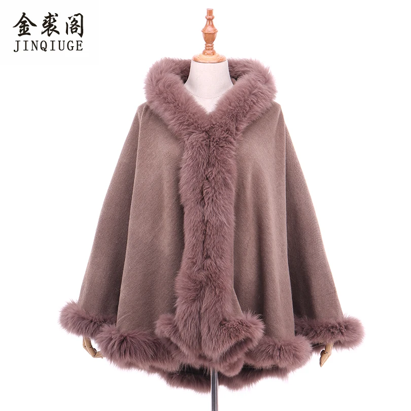 JINQIUGE Women's Real Fur Shawls Wool Blends Fox Fur Collar Hooded Pashmina Coat Cape New 2017 Women Wool Real Fox Fur coats JINQIUGE Women's Real Fur Shawls Wool Blends Fox Fur Collar Hooded Pashmina Coat Cape New 2017 Women Wool Real Fox Fur coats