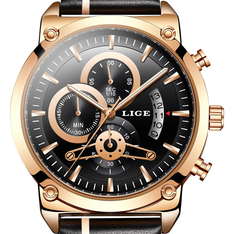 

LIGE 2019 New Mens Watches Top Brand Luxury Leisure Leather Wristwatch Men's Quartz watch Waterproof clock Relogio Masculino+box