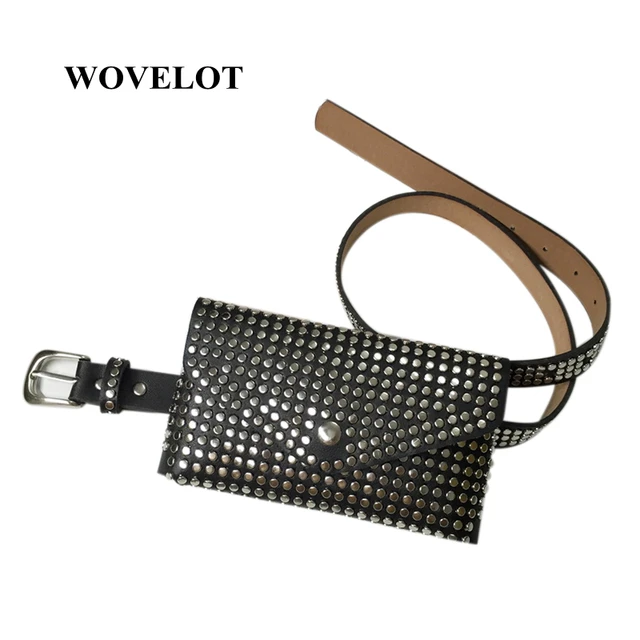 FGGS Fashion Rivets Waist Pack Luxury Designer Fanny Pack Small Women Waist Bag Phone Pouch Punk Belt Bag Purse(Black)