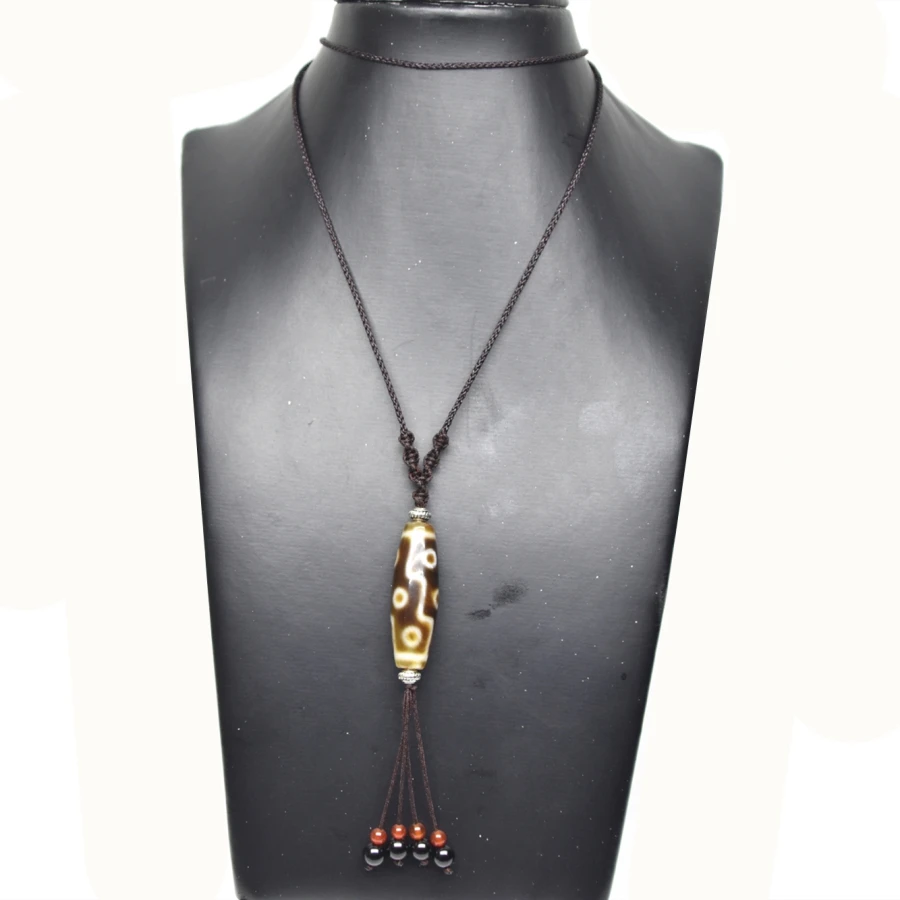 

Tibet Agate DZI Pendant Women's Necklace Brown/white Smooth surface 9 eyes Pattern amulet Free Shipping